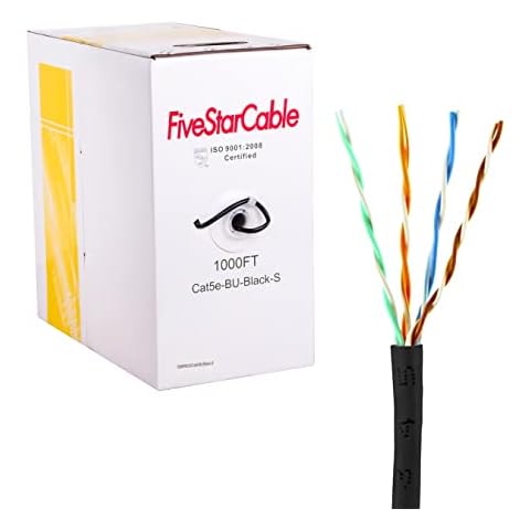 FiveStarCable Bulk Cat5e Outdoor Black 24AWG 1000 Ft Cable, Direct Burial, 350 Mhz, UV Rated Unshielded UTP Ethernet Router LAN Network CCA Easy Pull Box Cable Cover