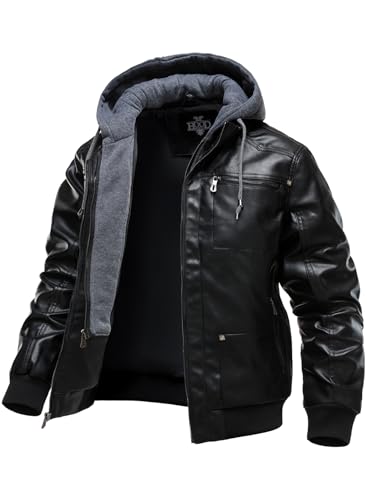 HOOD CREW Men’s Faux Leather Jackets Vintage Motorcycle Bomber jacket with Removable Hood