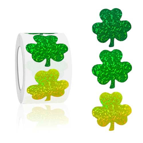 500Pcs St. Patricks Day Stickers Roll 1in Laser Glitter Shamrock Stickers 3 Colors Self-Adhesive Waterproof Clover Sticker Decor for Irish Holiday Party Scrapbook Envelopes Decals Decorations