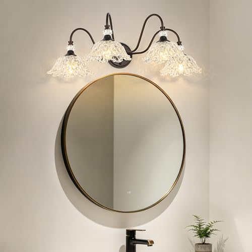 Image of Oil Rubbed Bronze Finish Bathroom Vanity Light, 4-Light Vintage Vanity Light with Floral Clear Glass Shades, Retro Wall Mount Lighting for Bathroom, Dressing Table
