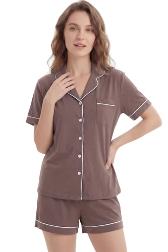 Image of LUBOT 100% Cotton Pajamas for Women 2 Piece PJ Set Button-Down Soft Knit Short Sleeve Summer Sleepwear Loungewear XS-XXL