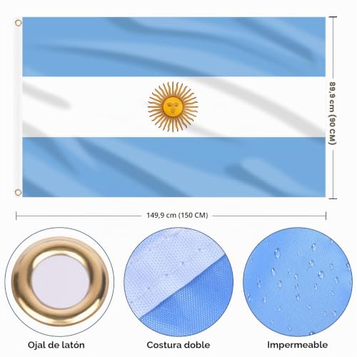 Miniatura 2 de Ahfulife Bandera De Argentina 90cm X 150cm, 1 Pieza Bandera Argentinas Con Agujeros De Latón En Ambos Lados, Para Decoraciones De Fiestas, La Copa Del Mundo, Fútbol, Día Nacional, Jardín, Calle