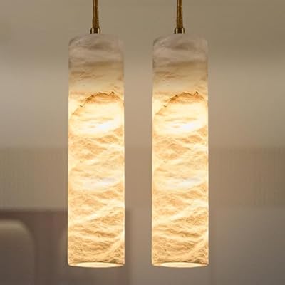eccuslon Natural Alabaster Pendant Lights for Kitchen Island Alabaster Chandelier Marble Shade Brass Cone Lighting Fixtures White Marble Long Tube for Bedroom Dining Room Living Room 2pack