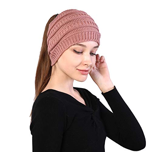 Winter Headband Women's Headband Winter, Winter Ear Warmer Knit Headband/Ponytail Beanie for Women(Rose)
