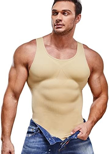 SOLCYSX Compression Shirt for Men Slimming Undershirt Body Shaper Tank Top for Gynomastica Sleeveless Shapewear Vest Men Beige