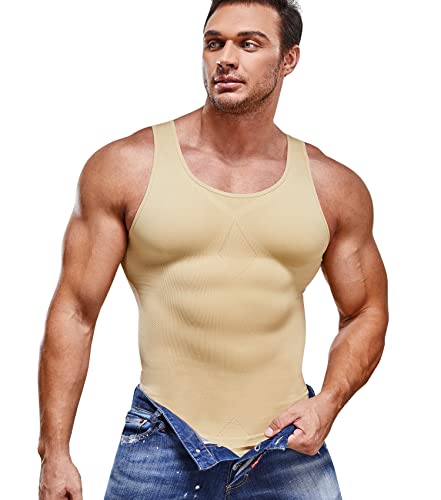 Solcysx Compression Shirt For Men Slimming Undershirt Body Shaper Tank Top For Gynomastica Sleeveless Shapewear Vest Men Beige #TOP7