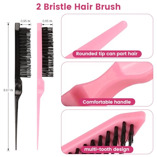 6 Pack Hair Styling Comb Set, 2 Slick Back Hair Bristle Brush, 2 Edge Control Brush and 2 Rat Tail Combs for Hair Parting, Controlling Flyaways & Smoothing Baby Hair (Black & Pink)