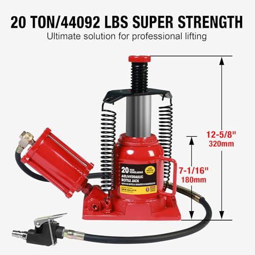 Image of Big RED Air Jack, 20 Ton Hydraulic Bottle Jack, Lift Range 7-1 /16 inch to 12-5 /8 inch, Low Profile Heavy Duty Jack with Dual-Power Operation, Adjustable Lift Range & Safety Valve - 20 Ton (40,000 LBS)