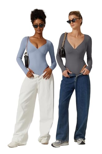 Image of QINSEN Women's Long Sleeve Bodysuit V Neck Body Suits Seamed Cup Going Out Tops Shirt