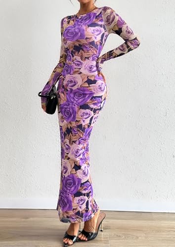 Image of PRETTYGARDEN Bodycon Maxi Dress 2025 Fall Floral Long Sleeve Sexy Mesh Cocktail Wedding Guest Long Dresses