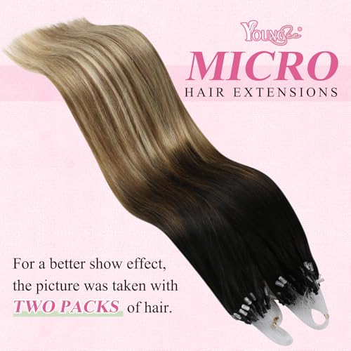 Image of YoungSee Micro Bead Hair Extensions Real Human Hair Balayage Micro Loop Hair Extensions Ombre Dark Brown to Browns with Blonde Hair Extension Bead Remy Hair Extension 57g 50s 18In Microring Hair
