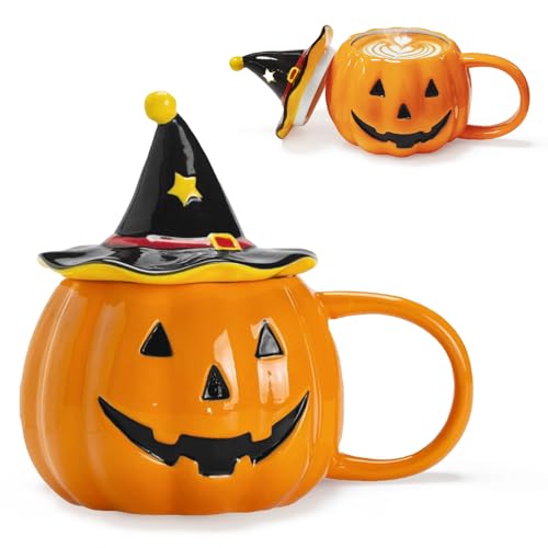 Kürbis Tasse 320ML Pumpkin Mug mit Deckel Halloween Tasse Herbsttasse Keramik Kürbis Becher Geschenk für Geburtstag Halloween Herbsternte Partyzubehör