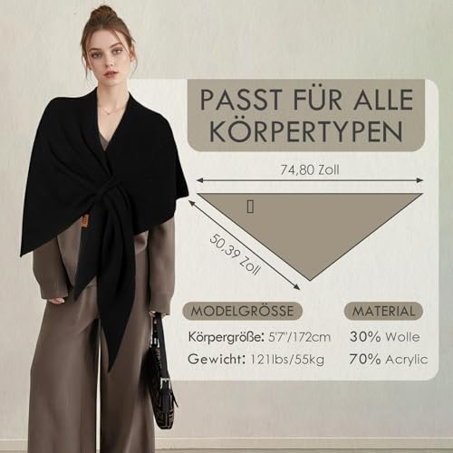 Ladiery Dreieckstuch Damen mit Verschluss - Weicher Schulter-Schal mit Kaschmir-Feeling, Strick-Poncho für Abendkleider, Büro & Reise, 180x129cm (Schwarz)