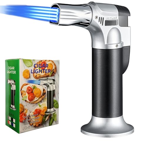 Butane Torch Lighter,Refillable Blow Torch Kitchen Cooking Torch with Safety Lock Adjustable Flame for Creme Brulee BBQ Baking—Butane Gas Not Included (Silver)