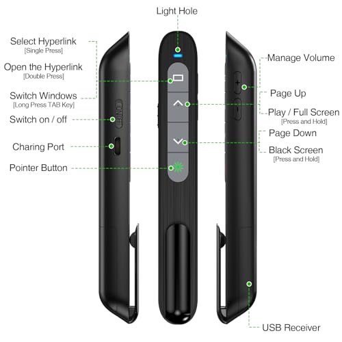 Image of USB C Rechargeable Presentation Clicker with Green Light, Remote Clicker for Presentations Wireless Presenter Slide Changer PPT Advancer with Volume Control for Laptop Computer
