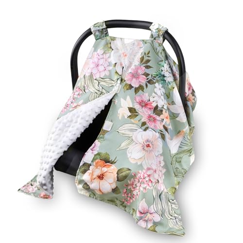 Image of HNHUAMING Car Seat Cover Baby, Flroal Infant Car Seat Canopy Covers for Newborn Girls Boys, Soft Breathable Minky Carseat Covers Stretchy Multi-Use Nursing Cover for Stroller Baby Car Seat, Green Leaf