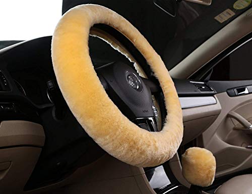 U&M Car Stretch-On Steering Wheel Cover Soft Australian Natural Sheepskin Luxurious Wool Vehicle Non-Slip Wheel Cushion Protector Available For 35Cm-43Cm #TOP5
