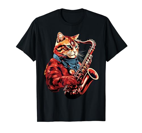 Gato Jugando Saxofón Música Gato Saxofón Camiseta