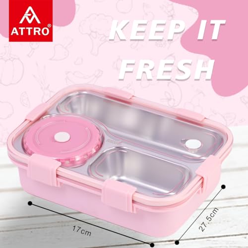 Image of ATTRO Lunch Pro Deluxe 3 Lunch Box with Detachable Inner Steel Compartments, Spoon, one Small Container, Heating Water Insulation Design, Foodgrade, Leakproof-750ml Pink
