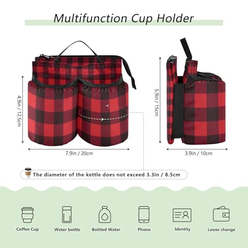 Image of Luggage Cup Holder for Suitcases Free Hands Suitcase Cup Holder Travel Luggage Drink Holder Portable Luggage Cup Caddy Bag Carrier with Handle Red and Black Buffalo Plaid