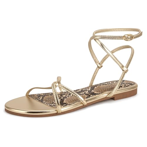 LOOPCHARM Women's Flat Sandals Strappy Open Round Toe Lace Up Shoes with Adjustable Ankle Strap for Summer,Gold Pu,6.5