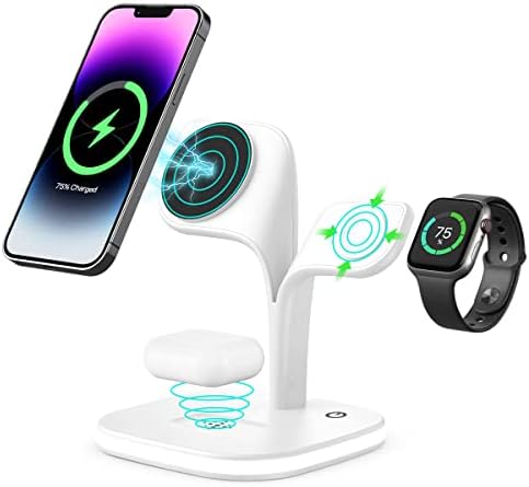 Magnetic Charging Station, EXW 5 in 1 Faster Mag-Safe Wireless Charger Stand for iPhone 14,13,12 Pro/Max/Mini/Plus, Apple Watch 8/7/6/SE/5/4/3/2 and Airpods 3/2/Pro/Pro 2 with LED and Adapter (White)