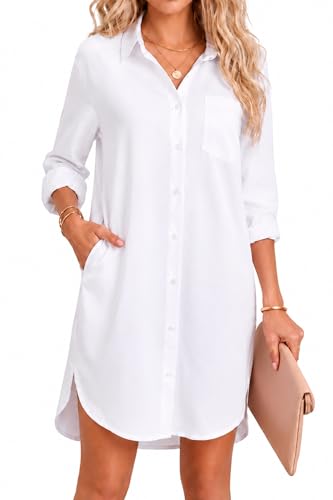 ENMAIN Women's Plus Size White Casual Long Sleeve Button Down Shirt Dress with Pockets Elegant Flowy,Loose Fit Collared for Work, Business Casual, Vacation M
