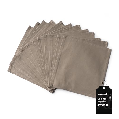 Image of Encasa XO Dining Cocktail Napkins 12 pcs (1 Dozen) Set of Large 23x23 cm (9 inchx9 inch) - Light Beige - Absorbent Heavy Cotton Party Fabric Machine Washable for Home Restaurant Banquet & Hotel