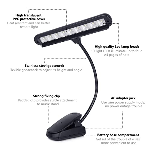 Vshinic Music Stand Light ,Clip On Piano Lights 9 Led Orchestra Light Book Lamp Musician Lamp,Fully Adjustable No Flicker For Piano, Orchestra,Book Reading, Mixing Table, Dj, Craft Work (Powered By Aa Batteries, Ac Adapter) #TOP6