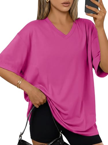 Cuptacc Oberteile Damen V-Ausschnitt Halbarm Saumschlitze Lang Solid T-Shirt 2026 Oversized Vielseitig Locker Kurze Ärmel Top Damen Rosenrot L Groß