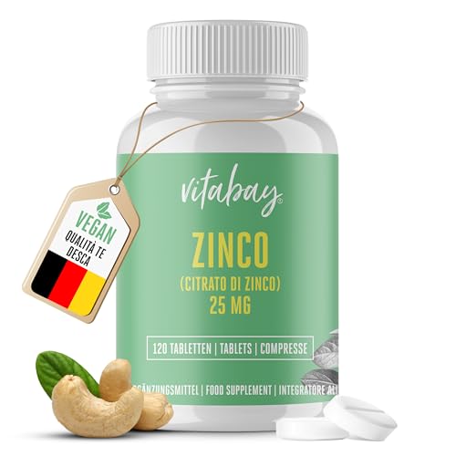 Vitabay Zinco Depot – 120 Compresse da 25 mg – Integratore Alimentare ad Alto Dosaggio – Zinco Puro in Compresse – Supporto per Sistema Immunitario