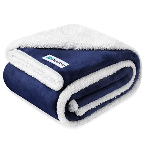 PetAmi Waterproof Dog Blanket for Medium Large Dog Puppy Cat Throw for Couch Cover Leakproof Protection, Sherpa Fleece, Reversible Soft Washable 60x40 Navy Blue