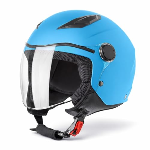 VINZ Magic Casque de Moto pour Enfant | Casque Jet en Tailles YS–YXL | Casque Enfant pour Moto, Scooter et cyclomoteur | Certifié ECE 22.06 – Bleu Clair