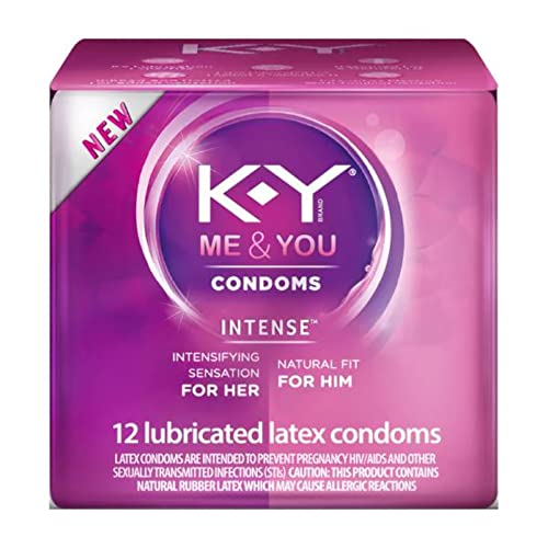 K-Y Me & You Intense Ultra Thin Latex Condoms- Water Based Lube, Intensifying Tingling Sensation For Her and Natural Fit For Him, Ribbed With Reservoir Tip, HSA Eligible, 12 Count