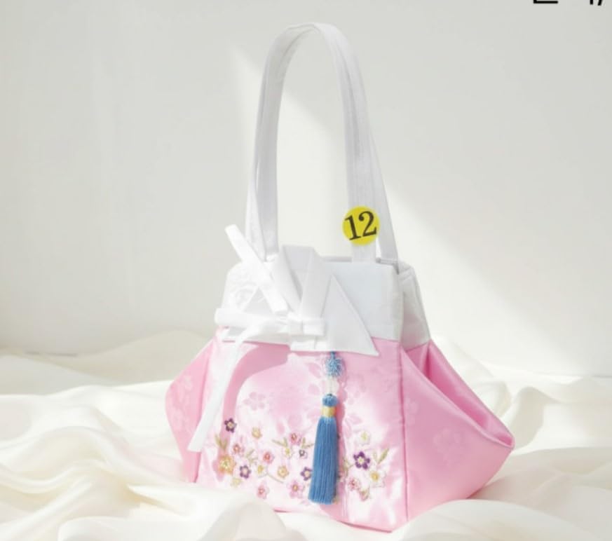 Gongdan(Satin) Korean Tote Bag Inspired Hanbok, Cute Mini Handbag for Girls & Women, Korean Gift Bag, K Culture Coin Pouch, Multi Color, 9.84 x 11.81 Inch (white/pink) image 4