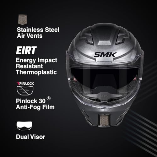 Image of SMK Agnar Solid ISI DOT & ECE 06 Certified Full Face Helmet with Pinlock 30 Antifog Visor (Anthracite Gun Grey - S)