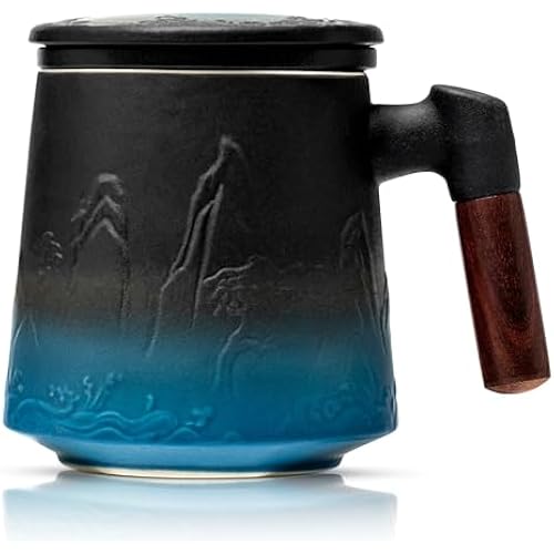 suyika Ceramic Tea Cup with Infuser and Lid, Matte Black 15.2 oz / 450 ml