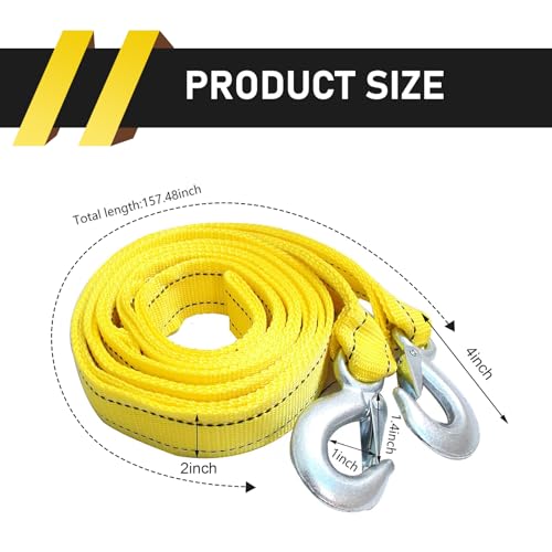 Dogary Car Towing Strap, Thickened and Widened Strong Tow Rope with Hook, with Reflective Double Layer Tie Down Rope for Towing Vehicles, Universal Car Recovery Polyester Strap (Yellow)