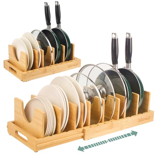 Wisreach Bamboo Pot Lid Organizer, Adjustable Kitchen Organizer for Cabinet,