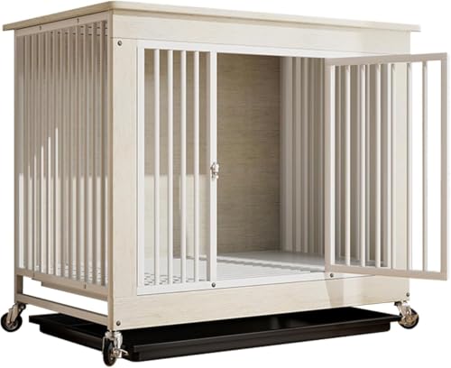 LumingLight犬 ケージ ドッグ ペットサークル 木製 犬小屋 小中大型犬用 キャスター付き 室内/屋外 おしゃれ トレー付き お手入れ簡単 木製+スチール製 頑丈 脱走防止 掃除と収納が簡単 (112*74*96cm,ホワイト)