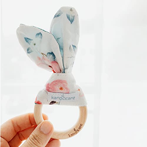 Image of Kanga Care Baby Soft Muslin Sensory Crinkle Bunny Ear Wood Teething Ring - Lily Flowers