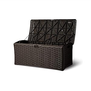 Suncast 72 Gallon Capacity Easy Assembly Plastic Wicker Outdoor Patio Storage Deck Box for Storing Furniture Cushions and Outdoor Accessories Brown