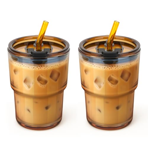 Cafezi 13 oz Glass Tumbler with Glass Straw and Lid, Leak-Proof Reusable Travel Cup for Iced Coffee, Tea, Matcha, Fruit Juice – Thick Wall Clear Water Bottle (Amber, 2 Pack)