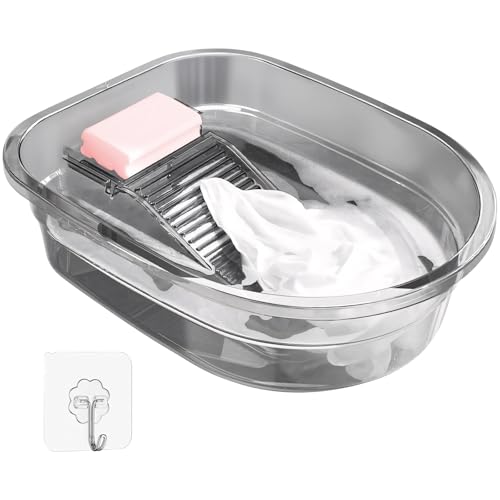 Hand Washing Basin with Washboard, Portable Non-Slip Laundry Tub with Gloves, Clear Plastic Wash Basin for Small Items, Camping, RV, Outdoor Travel, Hanging Storage & Easy Carry
