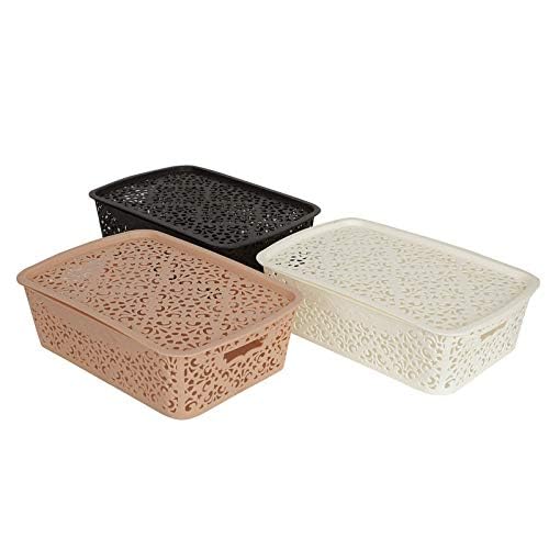 Image of Cutting Edge Essentials Plastic Storage Baskets /Shelf /Turkish Rack with Lid - Set of 3 for Fruit Vegetable Bathroom Stationary Home Basket with Handle (Brown,Beige & White - Medium)
