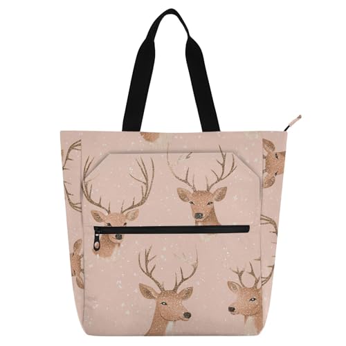 Decorative Kids Tote Bags for Kids Boys Girls, Rose Gold Christmas Deer Sturdy Library Book Tote Bag Shoulder Bag with Pockets for School Shopping Travel Rainbow bolsos para guardar