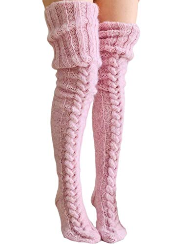 Springcmy Calcetines hasta la Rodilla de Punto de Cable de Invierno para Mujer Calcetines Largos para Botas hasta el Muslo Calentador de piernas (A-Pink, One Size)
