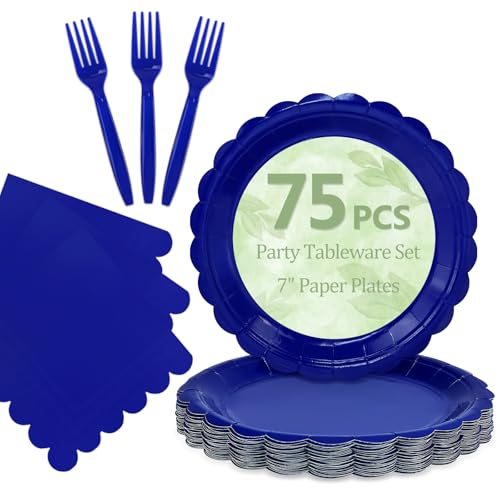 Mulbozy 75 Royal Blue Plates and Napkins Disposable Set Includes 25 Dessert Cake Scalloped Plates, Cocktail Napkins & Forks, for Fork 25 Guests Holiday Party Supplies.