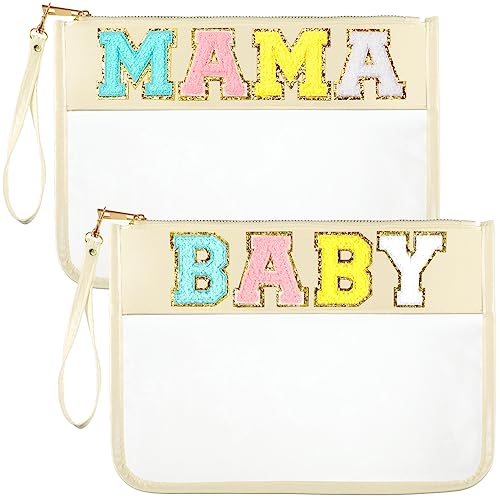 Image of Sanwuta 2 Pcs Chenille Letter Clear Zipper Pouch Clear Cosmetic Bag Makeup Letter Bag Stadium Purse Bag Transparent Travel Patch Pouch (Mama Baby, 11.8 x 8.2 Inch)