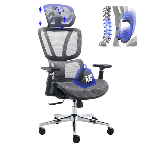 Brthory Silla De Oficina Ergonómica De Escritorio, Malla Transpirable, Con Soporte Lumbar Ajustable Reposabrazos 3d Reposacabezas, Función De Balanceo Regulable En Altura, Carga De 200 Kg, Gris